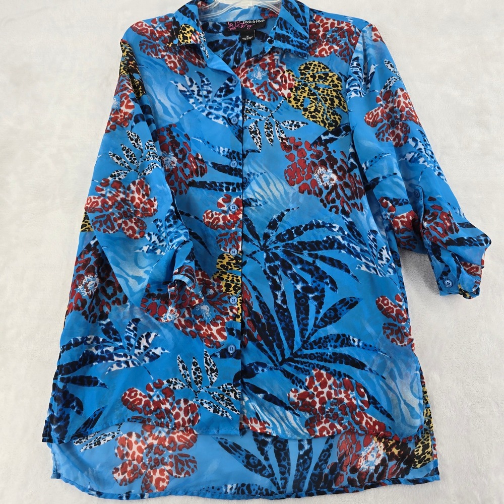 Peck &‎ Peck Blouse Womens Size M Button Up Blue Tropical Animal Print Sheer